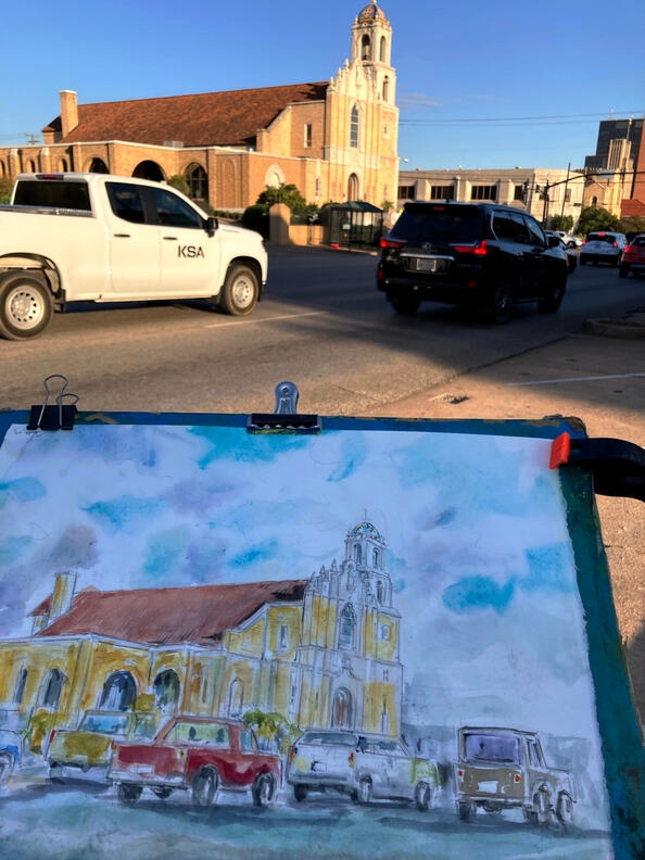 Immaculate Conception Cathedral by John York Watercolor on location. October 2022.