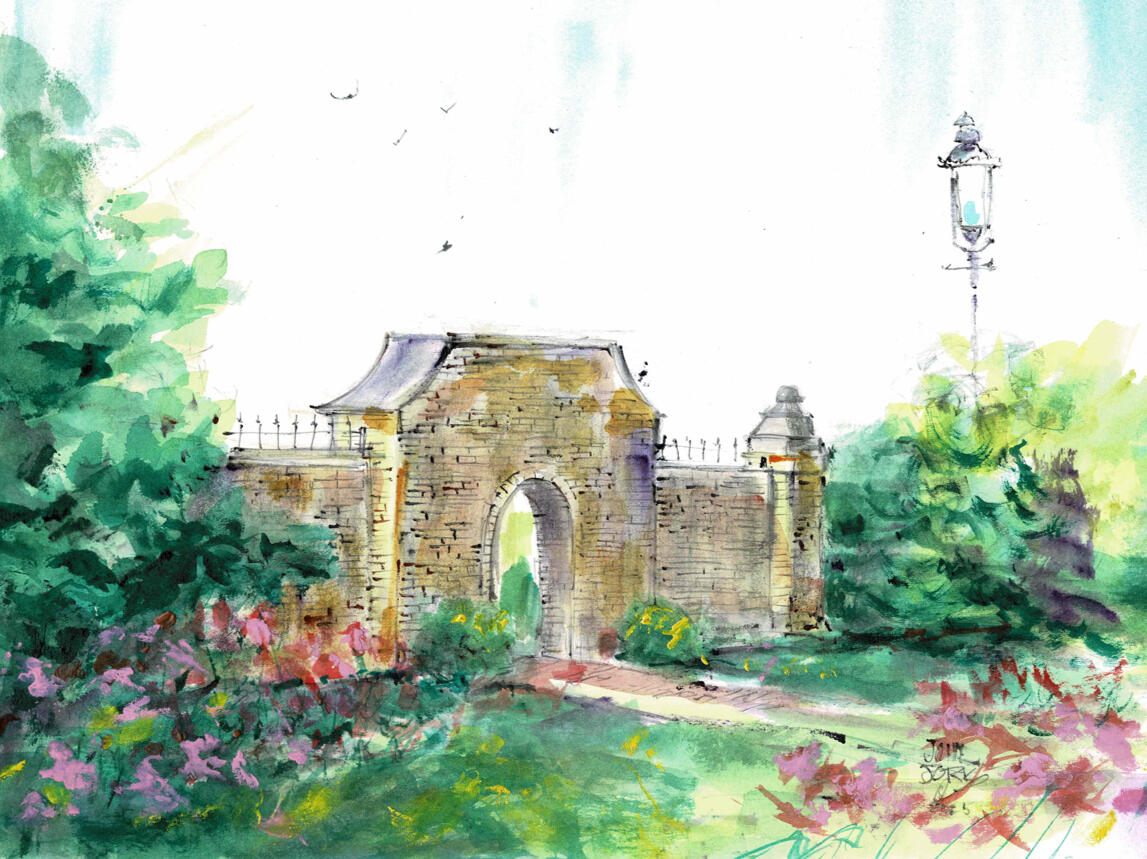 Henry Thompson Memorial Arch, Tyler, Texas Municipal Rose Garden, watercolor by Texas artist John Randall York