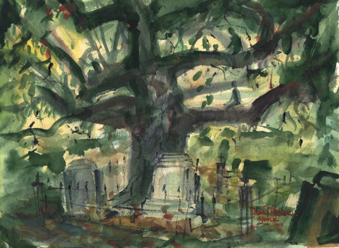 Spirits of Oakwood Cemetery Tyler, Texas by Texas watercolor artist John Randall York