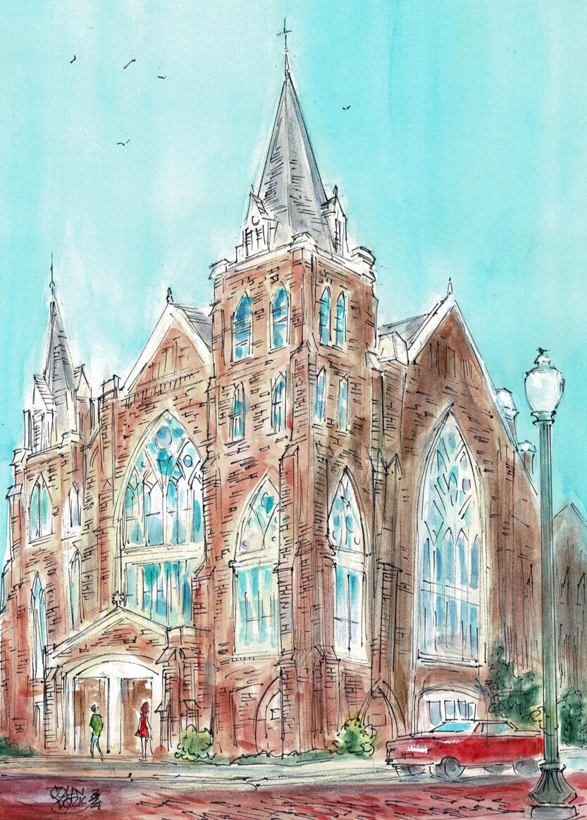 Marvin Methodist Church watercolor May 2024 by John York