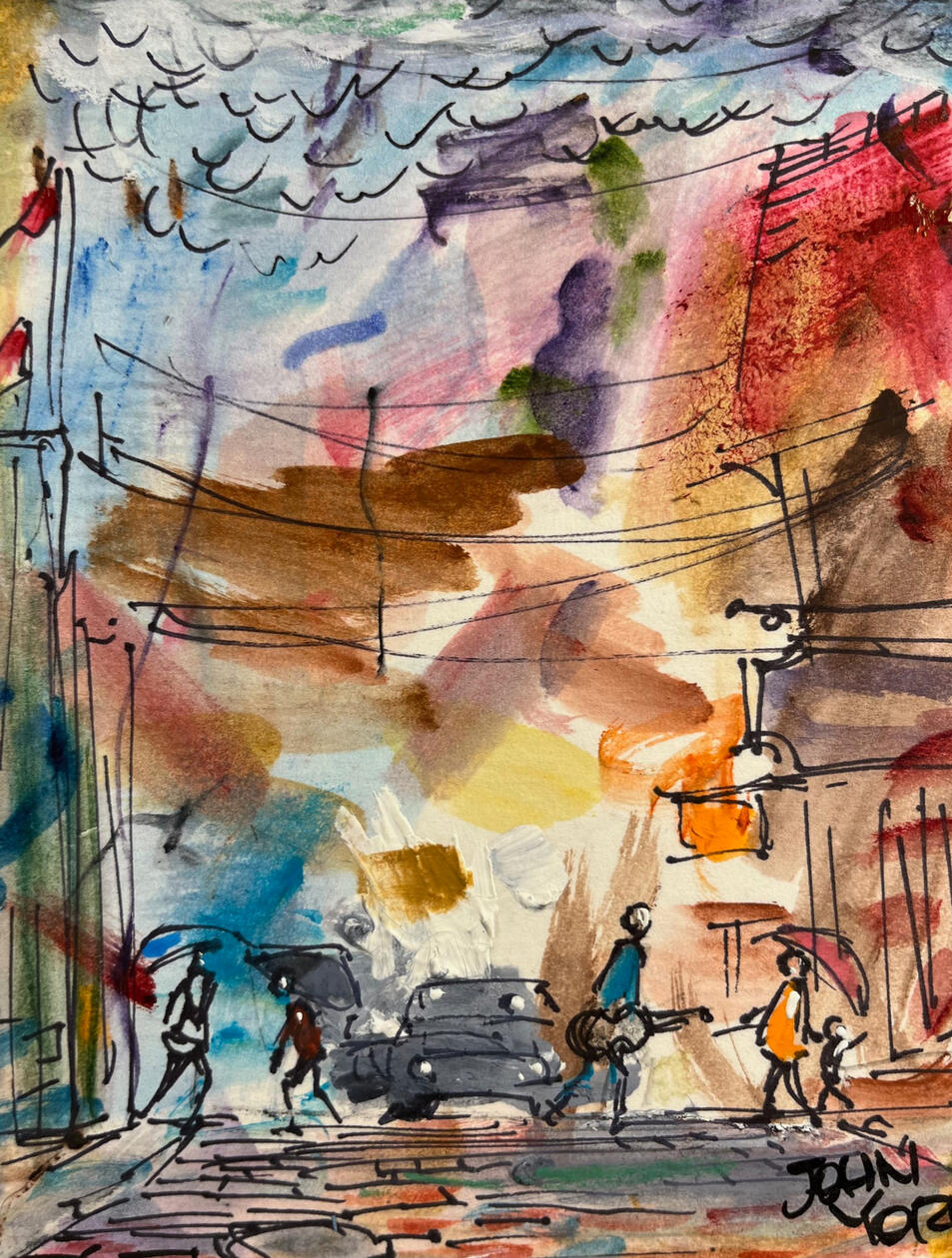 &quot;Little Rainy Town&quot;, A 5 x 6 inch painting on mat board. By John York 2024